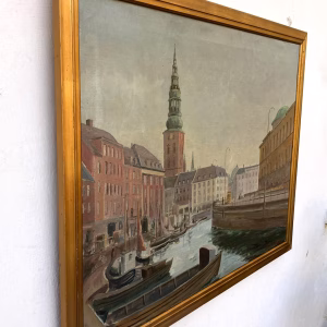 Large Original Danish oil painting, Copenhagen canal, Mid Century, Scandinavian wall decor - Image 2