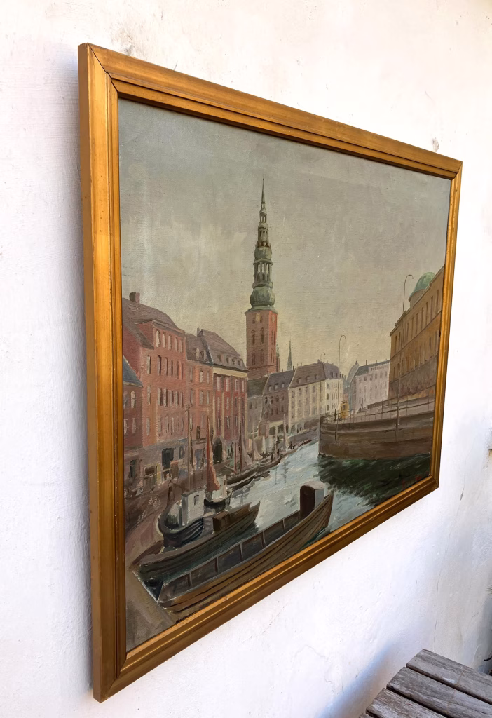 Large Original Danish oil painting, Copenhagen canal, Mid Century, Scandinavian wall decor