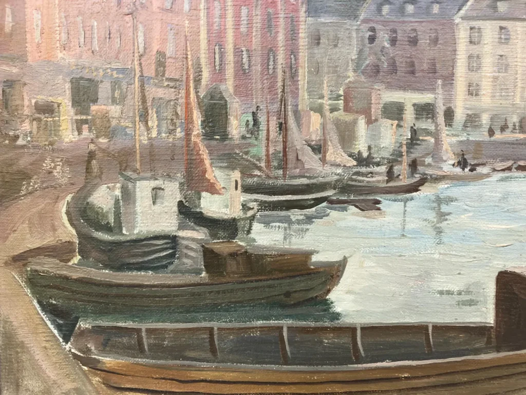 Large Original Danish oil painting, Copenhagen canal, Mid Century, Scandinavian wall decor