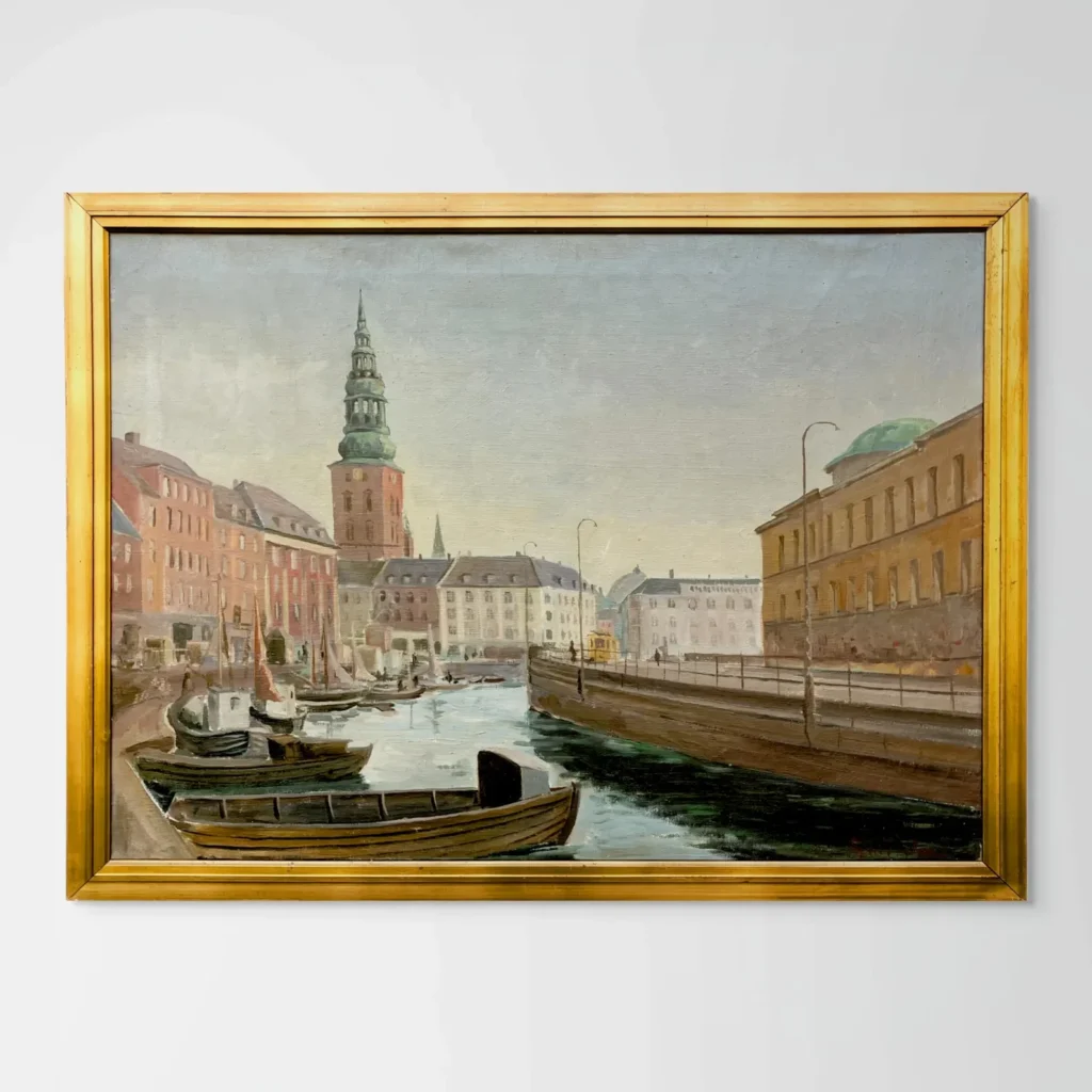 Large Original Danish oil painting, Copenhagen canal, Mid Century, Scandinavian wall decor