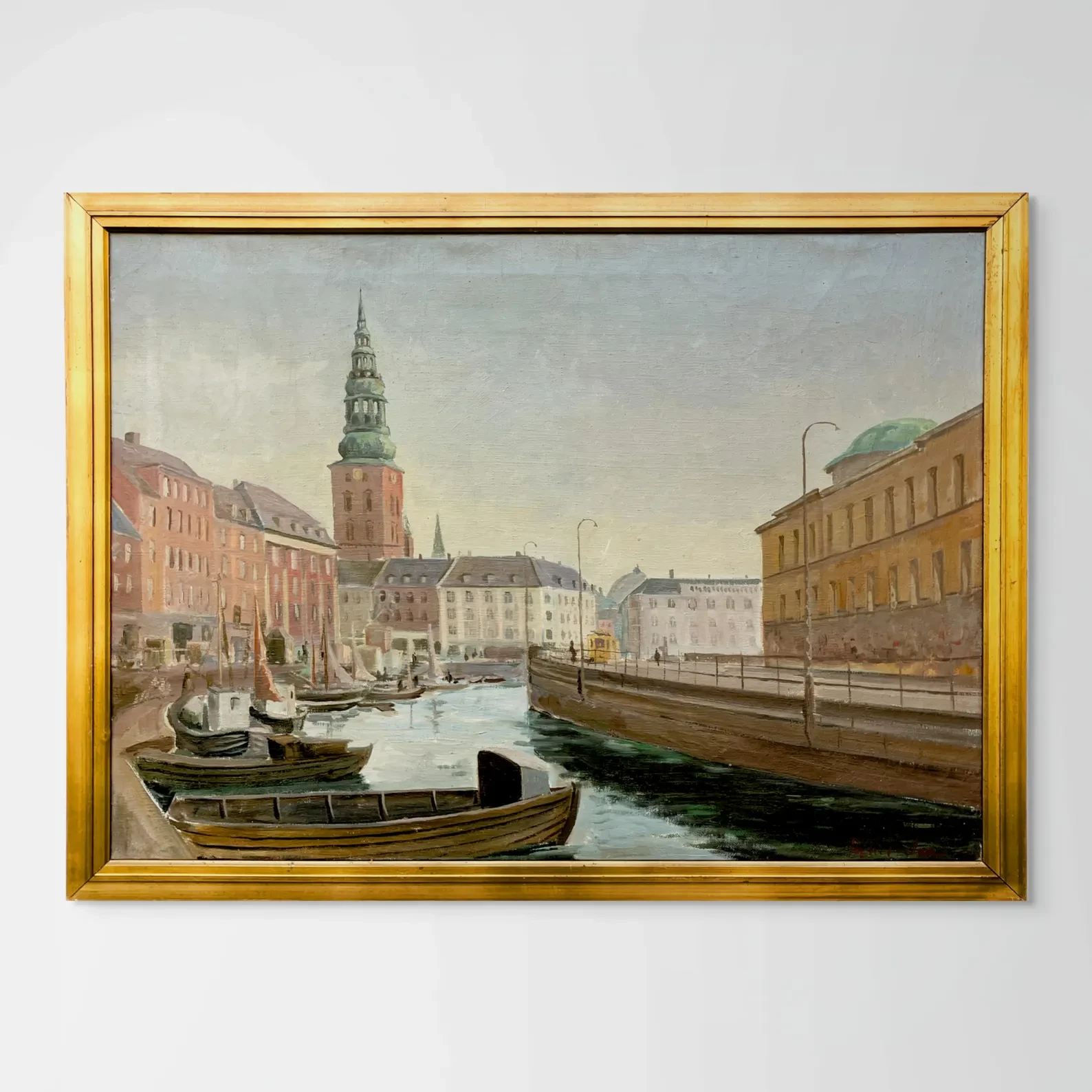 Large Original Danish oil painting, Copenhagen canal, Mid Century, Scandinavian wall decor