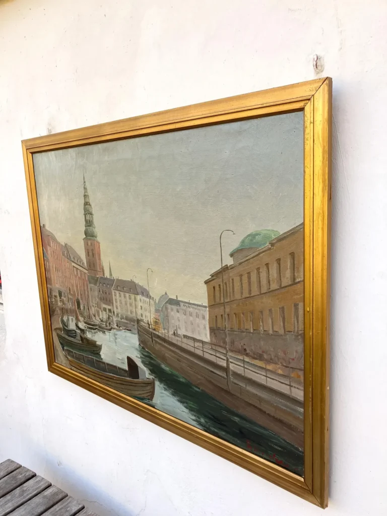 Large Original Danish oil painting, Copenhagen canal, Mid Century, Scandinavian wall decor