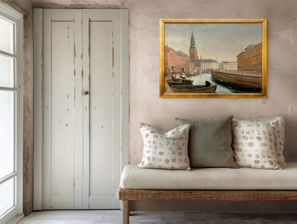 Large Original Danish oil painting, Copenhagen canal, Mid Century, Scandinavian wall decor