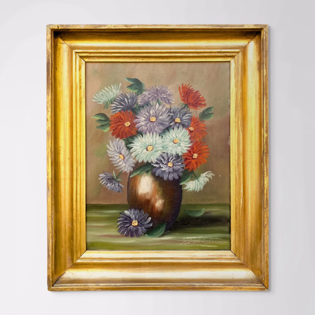 Original Danish oil painting, floral still life, Mid Century, cottage wall decor