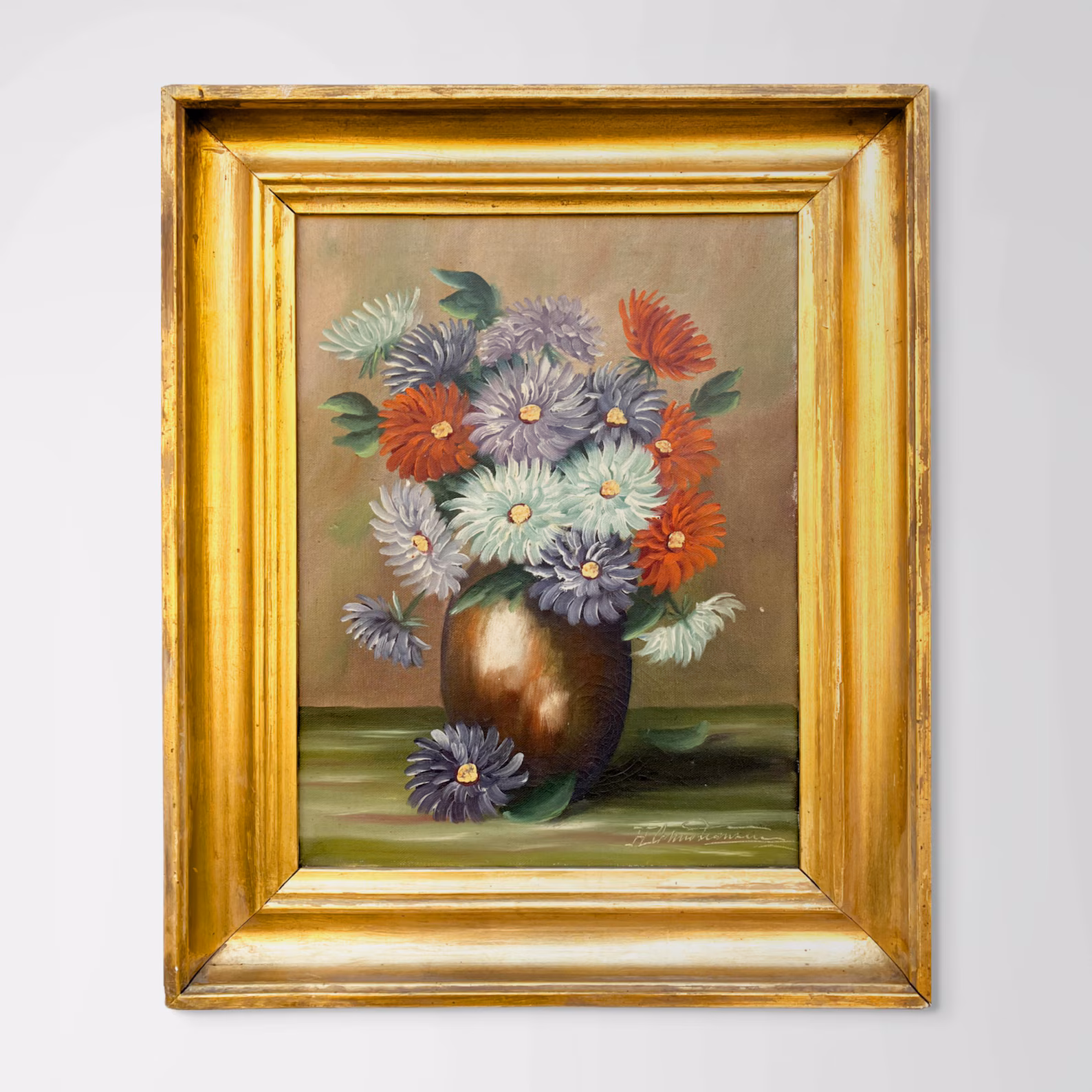Original Danish oil painting, floral still life, Mid Century, cottage wall decor