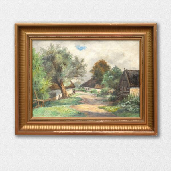 Village landscape scenery -  Original Vintage oil painting  - unidentified artist