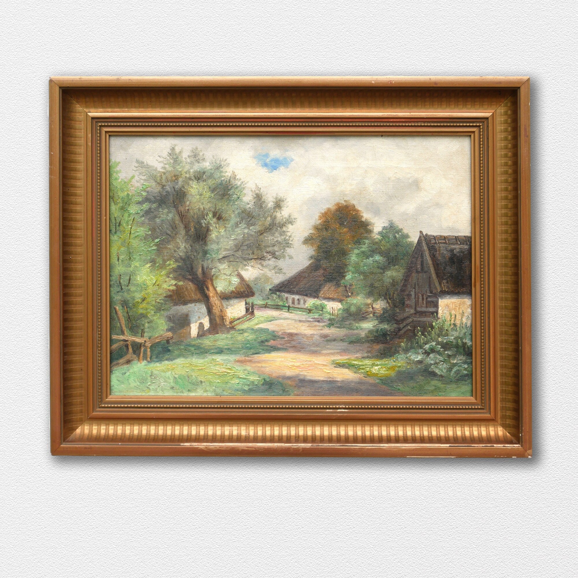 Village landscape scenery – Original Vintage oil painting – unidentified artist