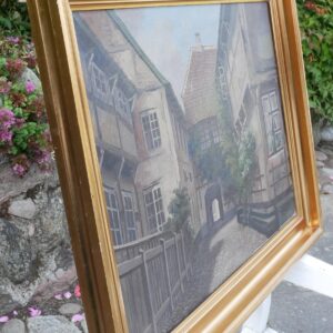 Original Danish Street Scene Oil Painting – Vintage Old Town Scandinavian Cityscape - Image 4