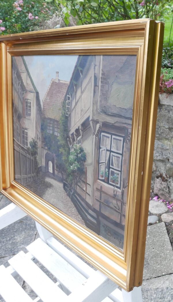 Original Danish Street Scene Oil Painting – Vintage Old Town Scandinavian Cityscape