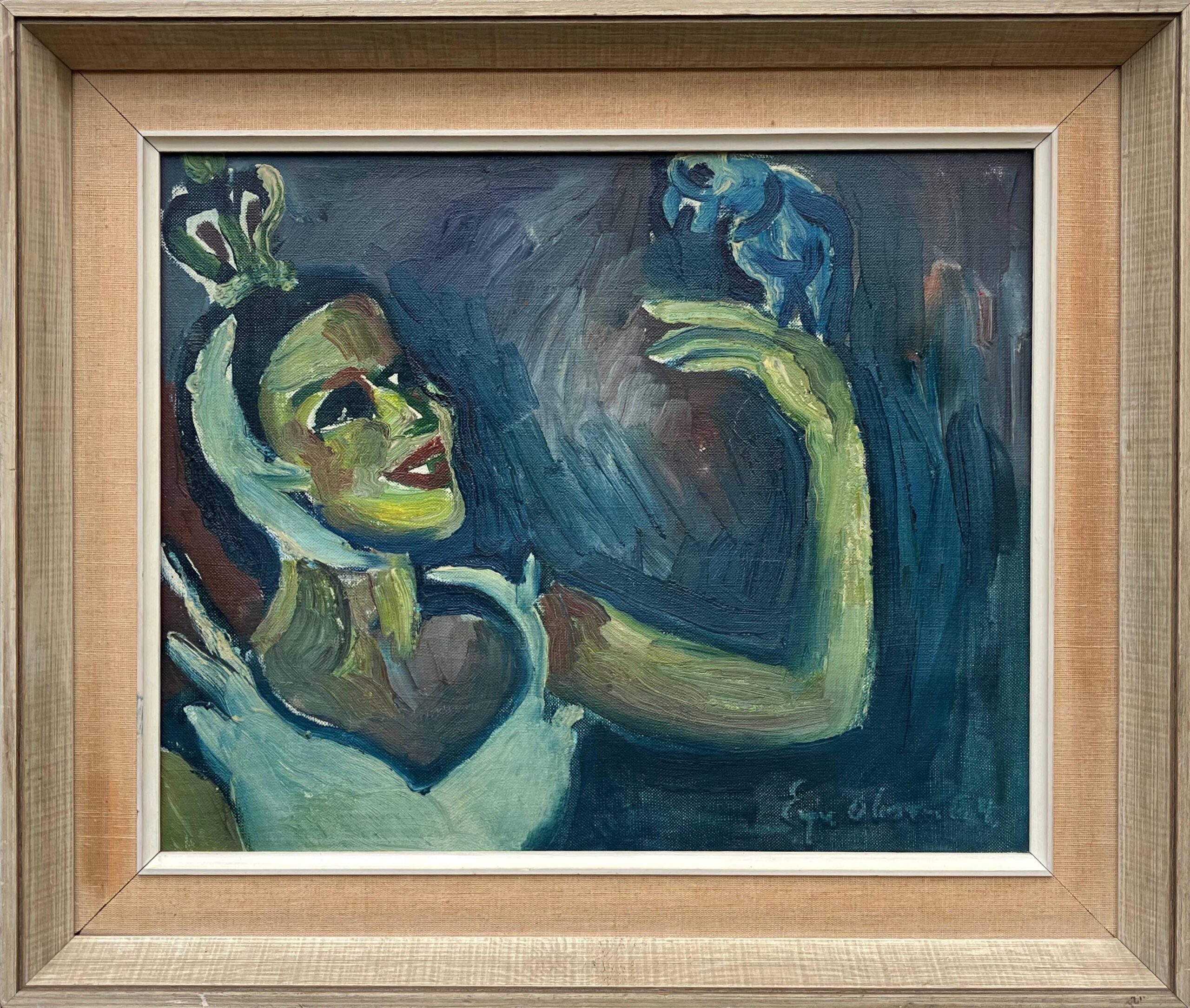 Danish Mid-Century Expressionist Oil Painting: Princess with Parrot, Signed Art - Image 3