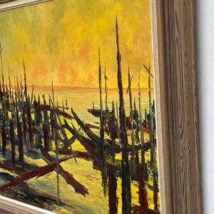 Vintage Danish Oil Painting – Sunset Landscape, Expressionist Water Scene, 1970s Art - Image 4