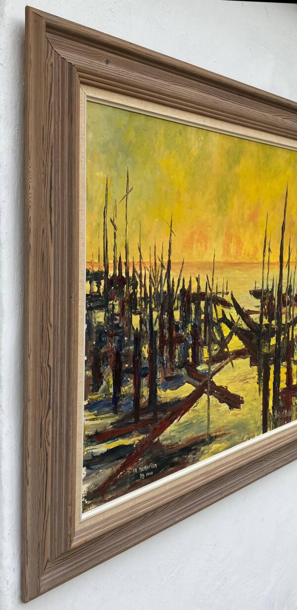 Vintage Danish Oil Painting – Sunset Landscape, Expressionist Water Scene, 1970s Art