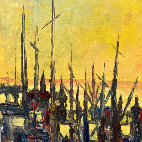 Vintage Danish Oil Painting – Sunset Landscape, Expressionist Water Scene, 1970s Art