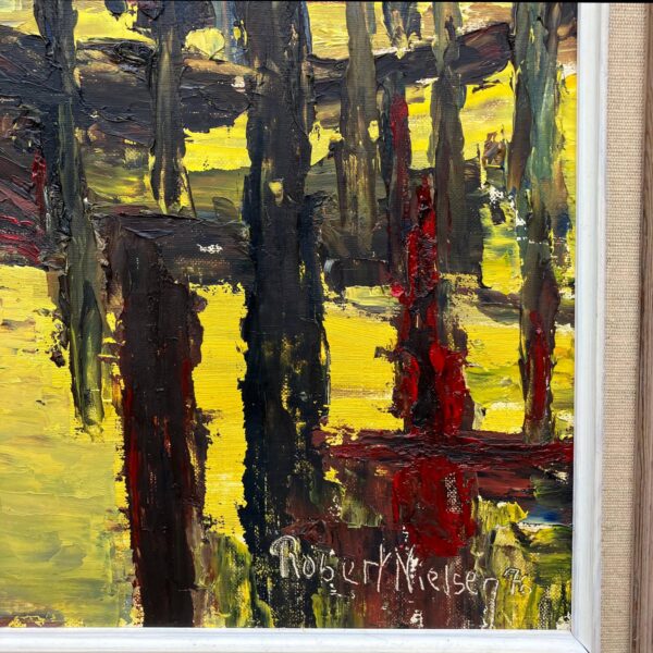Vintage Danish Oil Painting – Sunset Landscape, Expressionist Water Scene, 1970s Art