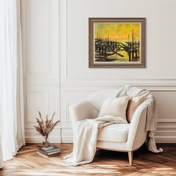 Vintage Danish Oil Painting – Sunset Landscape, Expressionist Water Scene, 1970s Art