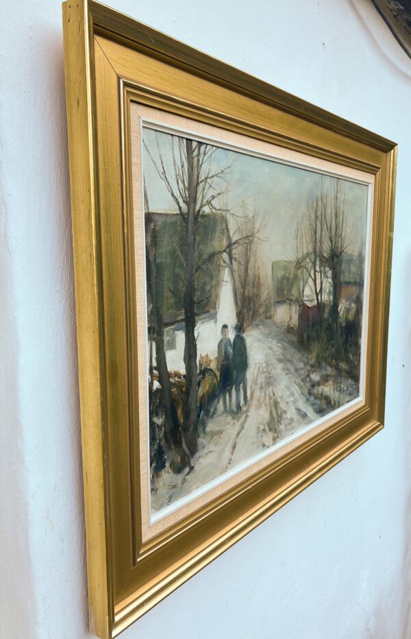 Large Original Danish Winter Village Oil Painting – Scandinavian Nordic Village Landscape