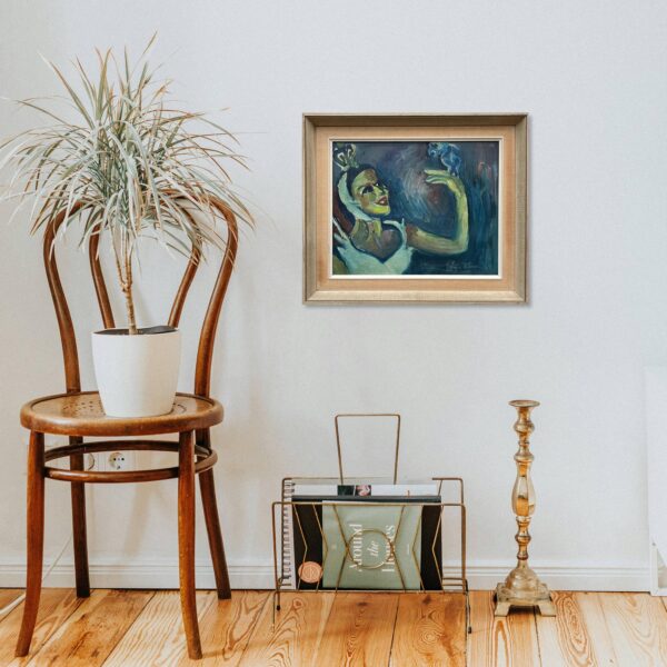 Danish Mid-Century Expressionist Oil Painting: Princess with Parrot, Signed Art
