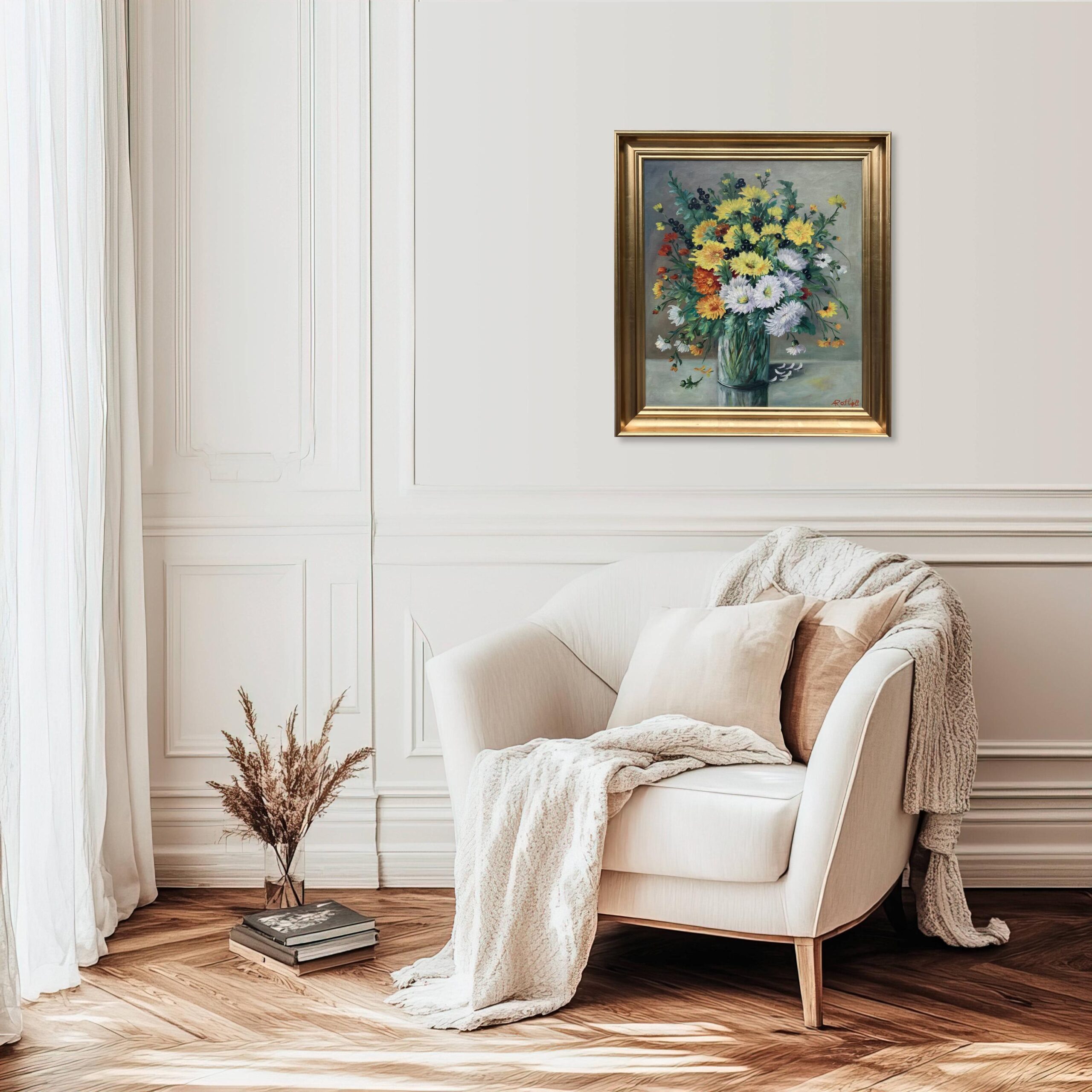 Vintage Floral Still Life Bouquet – Scandinavian Flower Painting Oil on Canvas - Image 3