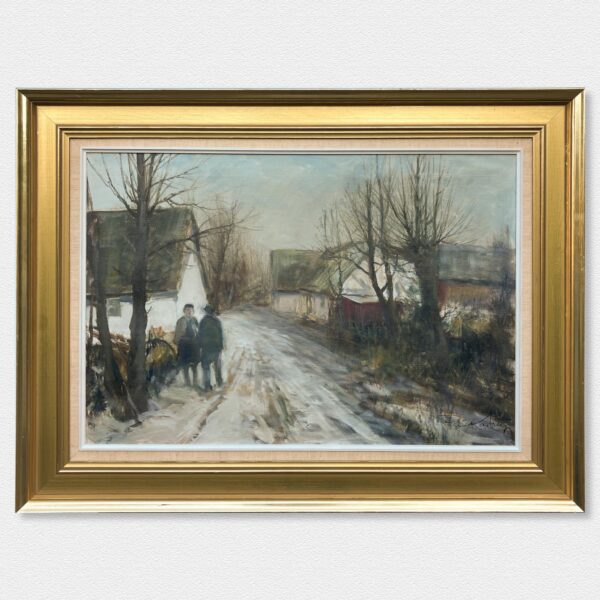 Large Original Danish Winter Village Oil Painting – Scandinavian Nordic Village Landscape