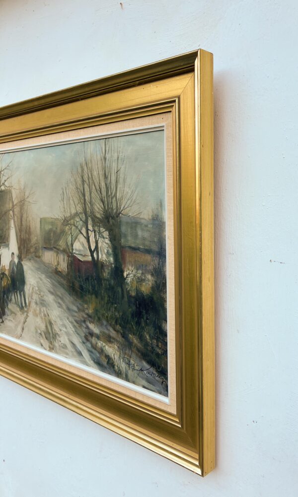 Large Original Danish Winter Village Oil Painting – Scandinavian Nordic Village Landscape