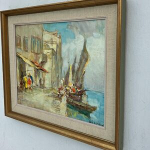 Vintage Venice Harbor Oil Painting: Framed Scandinavian Fine Art by Knut Norman - Image 4