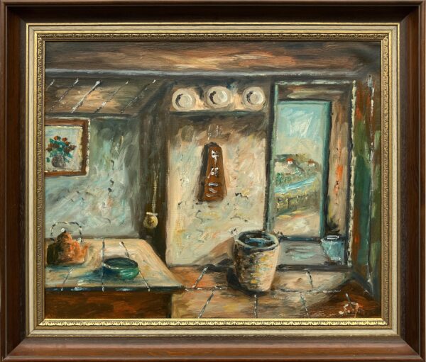 Danish farmhouse interior - Original Vintage Oil Painting - signed by the artist - Mid-Century Art