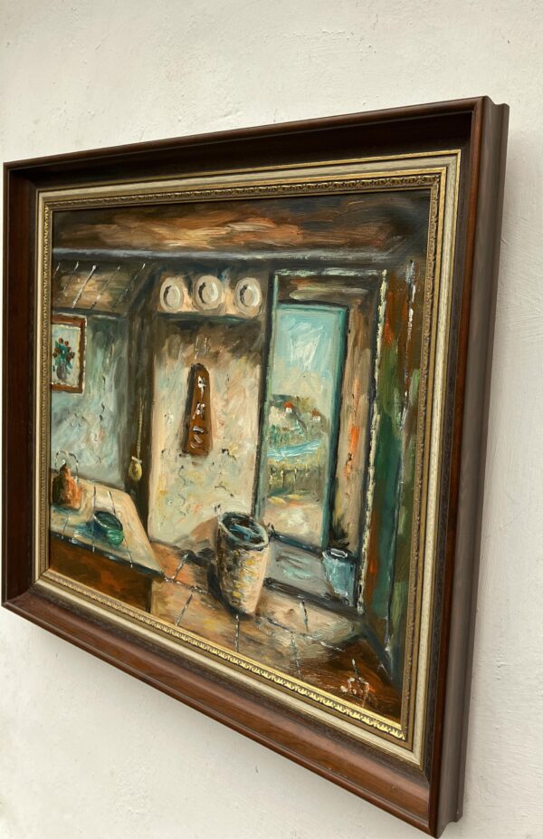 Danish farmhouse interior - Original Vintage Oil Painting - signed by the artist - Mid-Century Art
