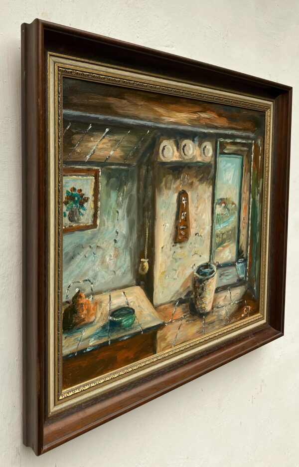 Danish farmhouse interior - Original Vintage Oil Painting - signed by the artist - Mid-Century Art