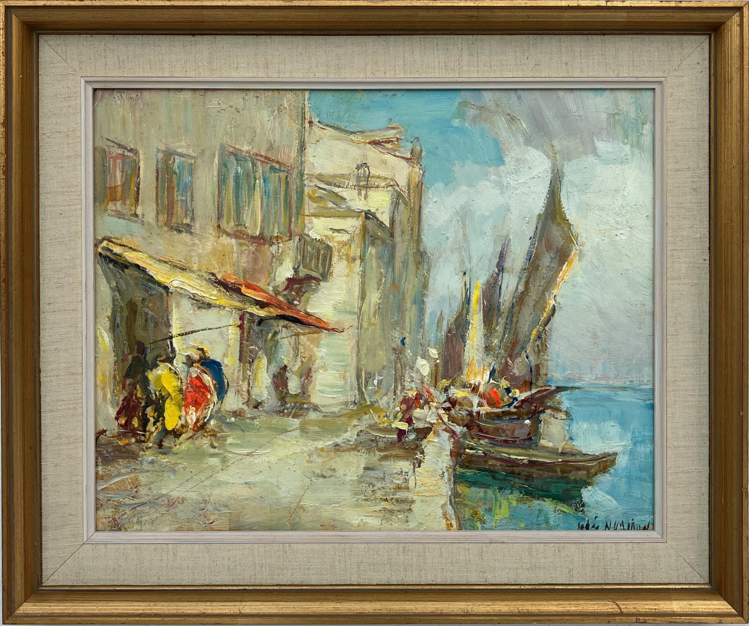 Vintage Venice Harbor Oil Painting: Framed Scandinavian Fine Art by Knut Norman - Image 3