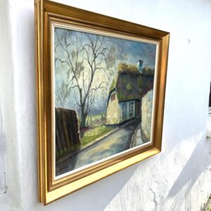 Original Danish Thatched Cottage Oil Painting – Vintage Scandinavian Countryside Art - Image 3