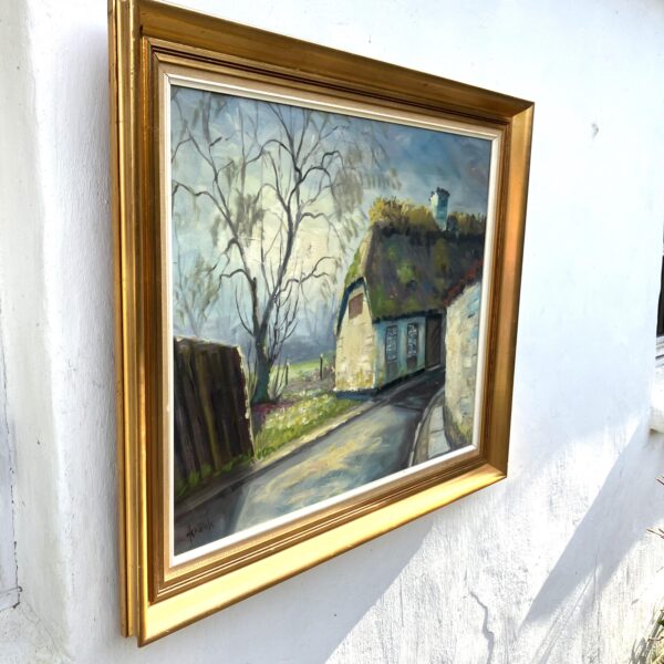 Original Danish Thatched Cottage Oil Painting – Vintage Scandinavian Countryside Art