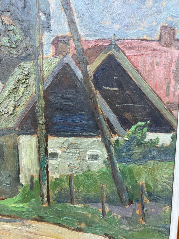 Vintage Danish Rural Road Landscape – Farmhouse Scene Denmark - Original Oil Painting 1944