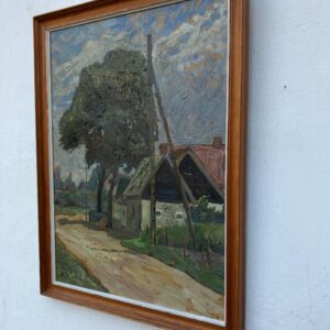 Vintage Danish Rural Road Landscape – Farmhouse Scene Denmark - Original Oil Painting 1944 - Image 5