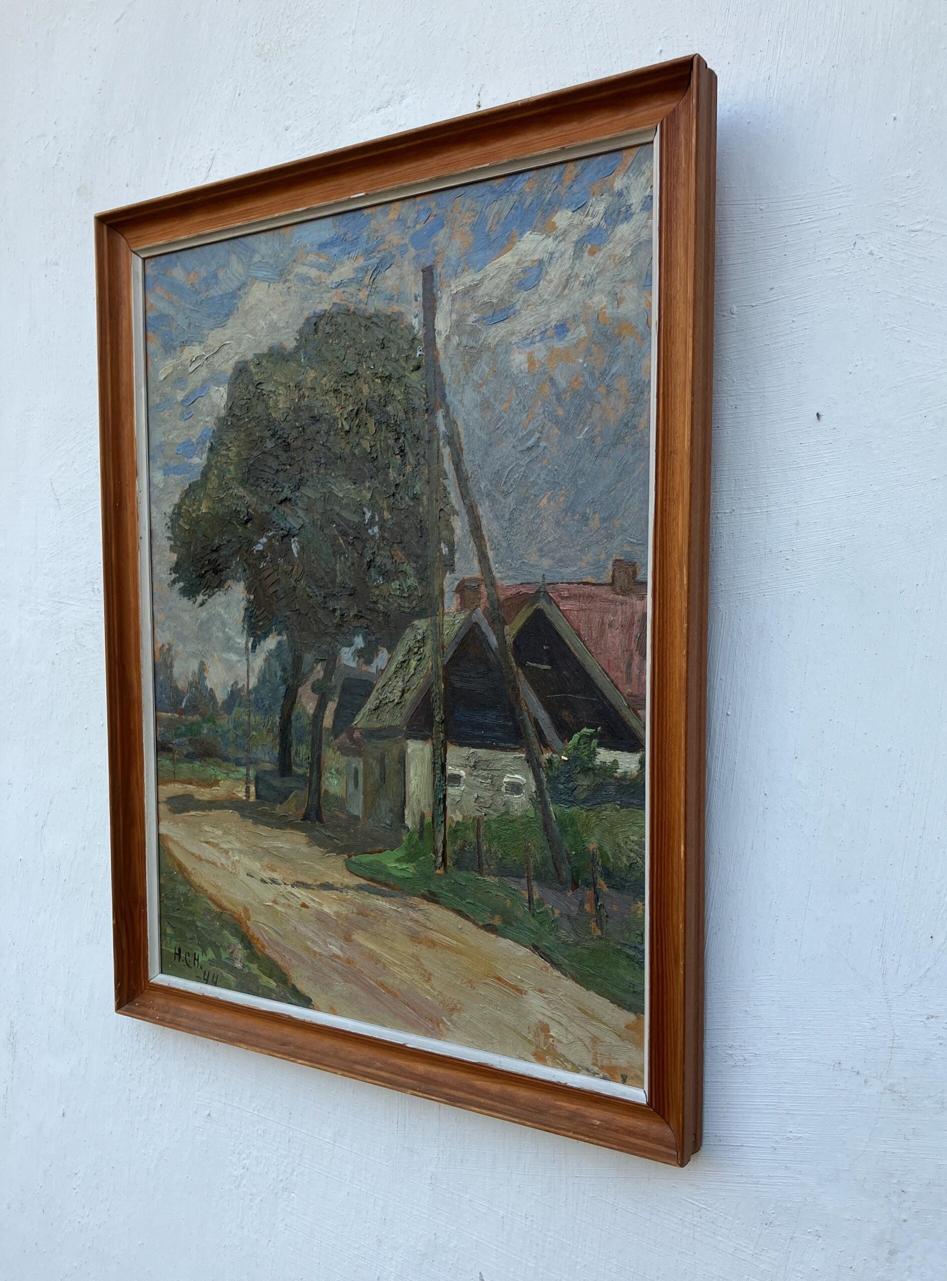 Vintage Danish Rural Road Landscape – Farmhouse Scene Denmark - Original Oil Painting 1944 - Image 5
