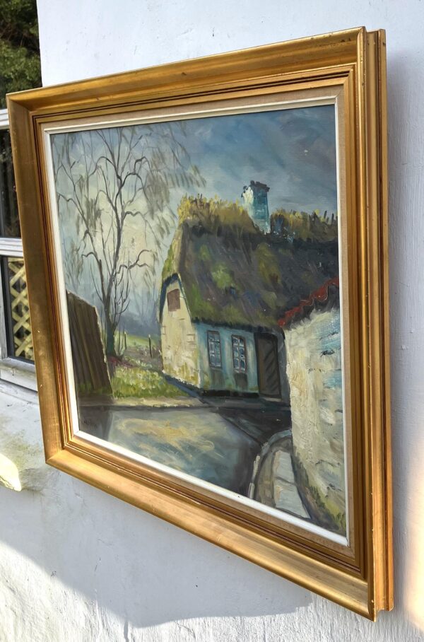 Original Danish Thatched Cottage Oil Painting – Vintage Scandinavian Countryside Art
