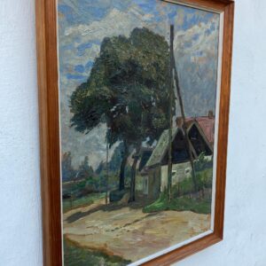 Vintage Danish Rural Road Landscape – Farmhouse Scene Denmark - Original Oil Painting 1944 - Image 4
