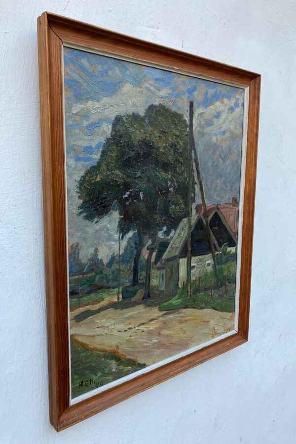 Vintage Danish Rural Road Landscape – Farmhouse Scene Denmark - Original Oil Painting 1944