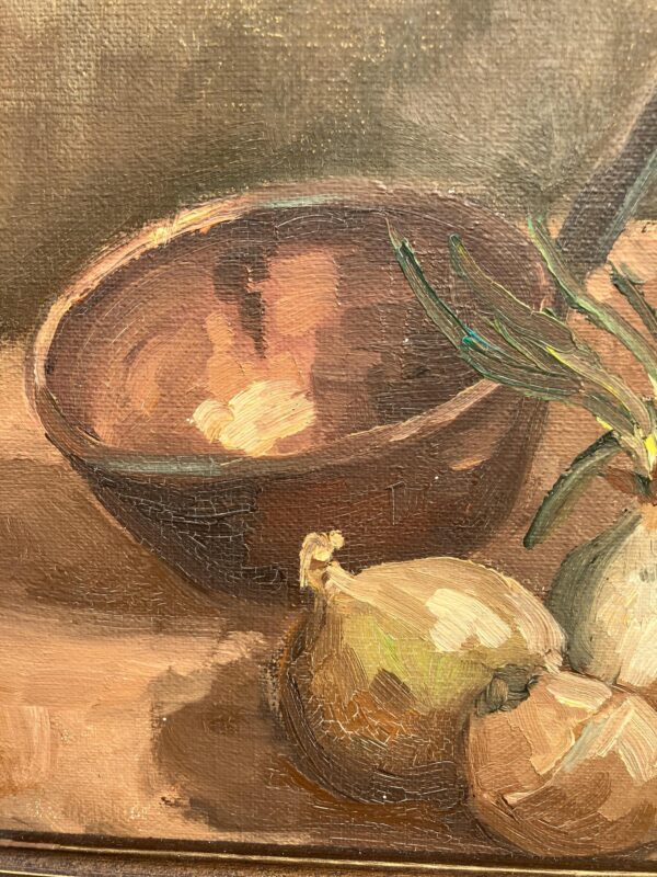 Vintage Danish Still Life Oil Painting: Copper Jug & Onions, Framed Realist Art