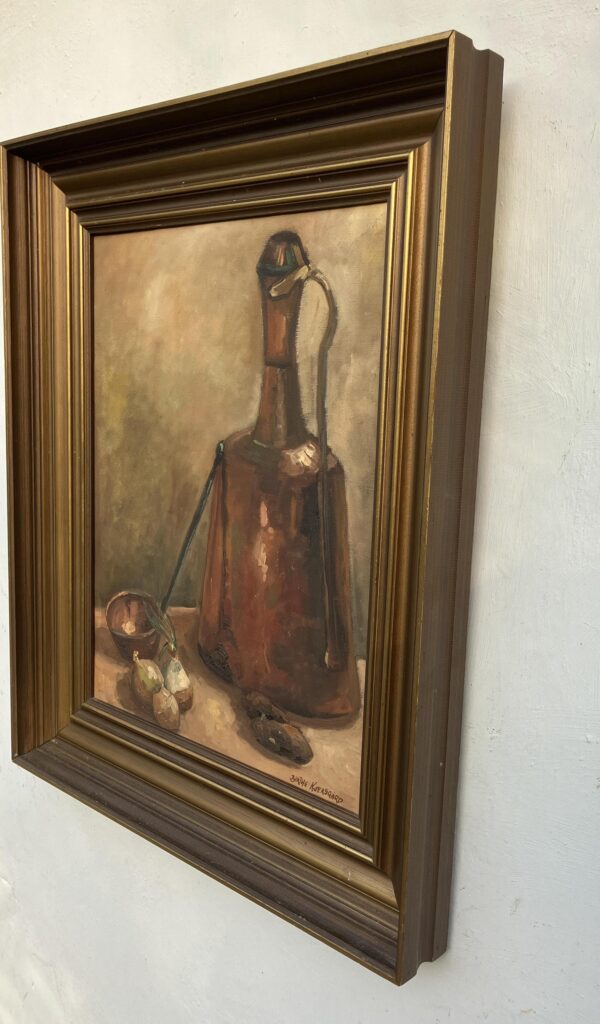 Vintage Danish Still Life Oil Painting: Copper Jug & Onions, Framed Realist Art