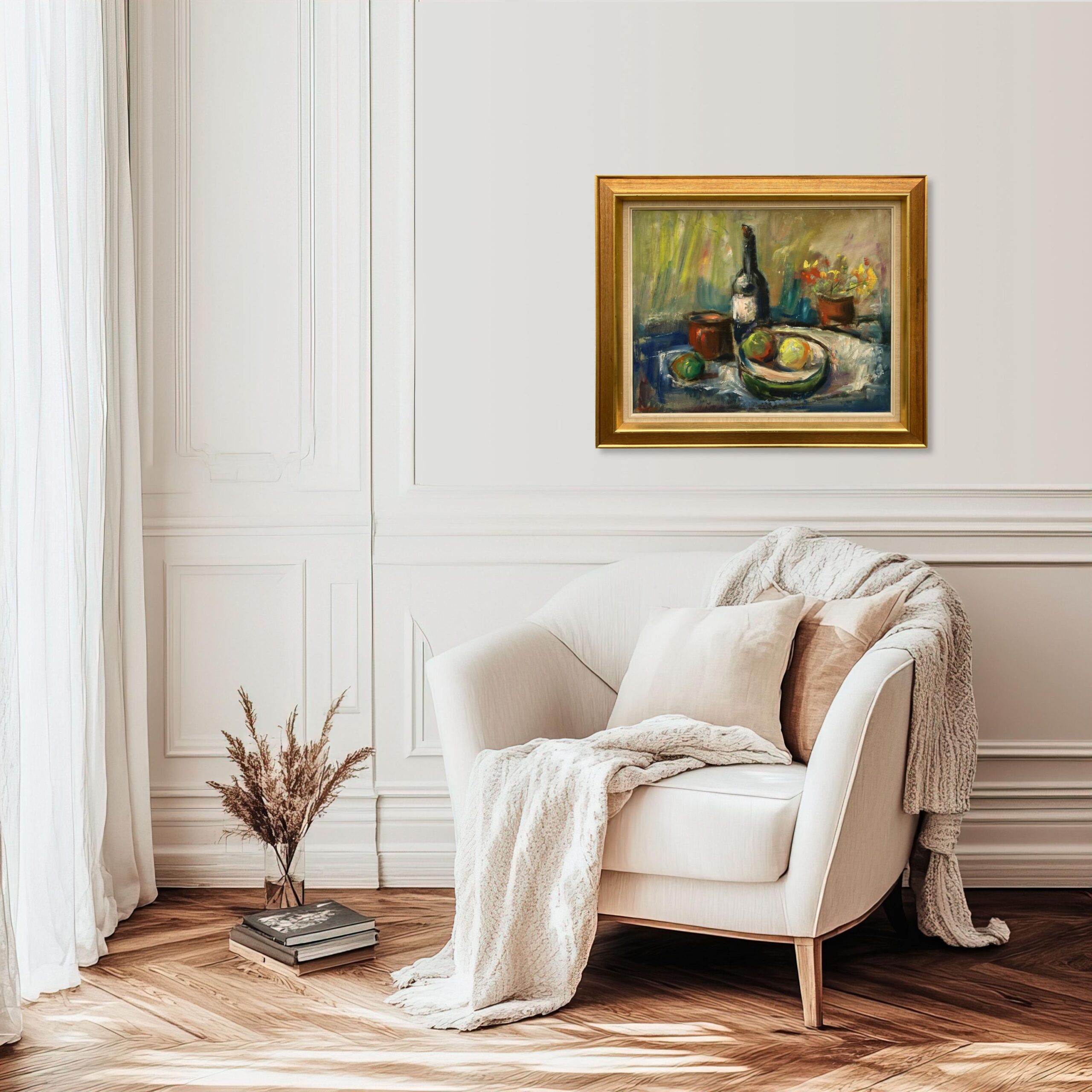 Original oil painting, Large still life fruit wine bottle flowers, Expressionist, Scandinavian kitchen decor - Image 2