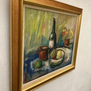 Original oil painting, Large still life fruit wine bottle flowers, Expressionist, Scandinavian kitchen decor - Image 8
