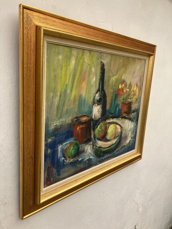 Original oil painting, Large still life fruit wine bottle flowers, Expressionist, Scandinavian kitchen decor
