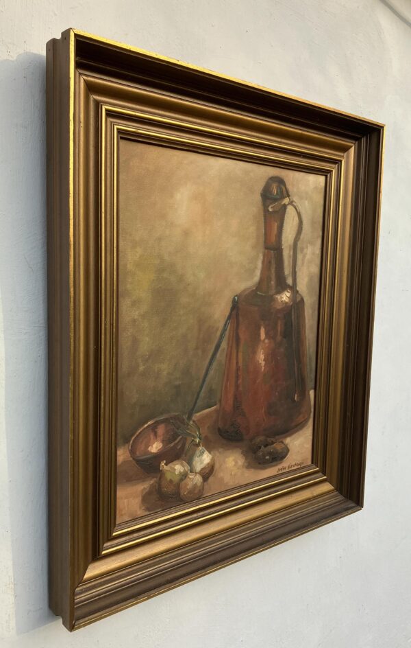 Vintage Danish Still Life Oil Painting: Copper Jug & Onions, Framed Realist Art