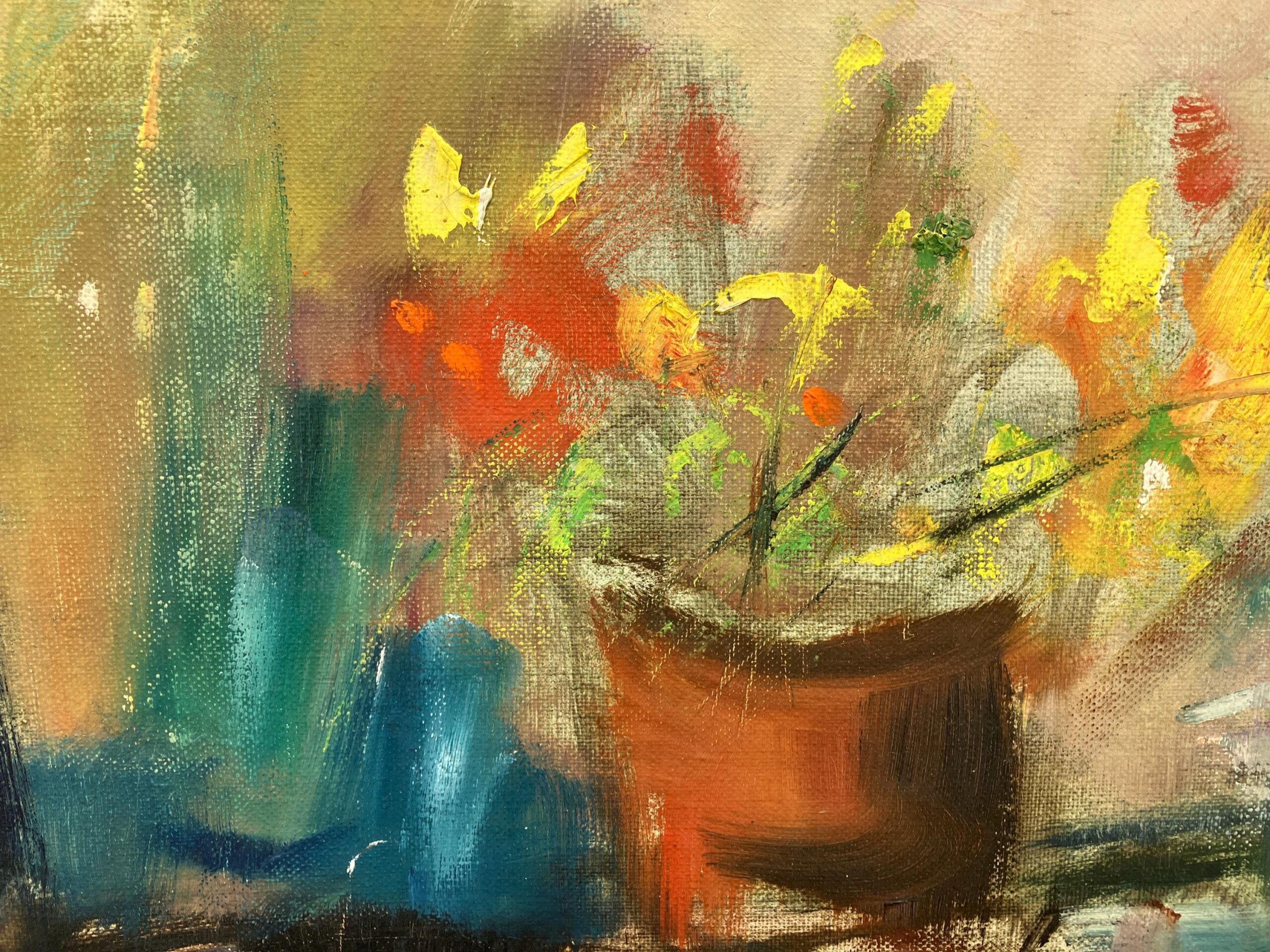Original oil painting, Large still life fruit wine bottle flowers, Expressionist, Scandinavian kitchen decor - Image 3