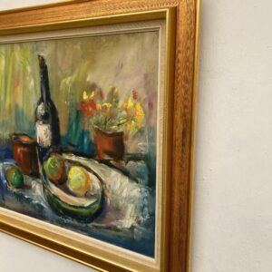 Original oil painting, Large still life fruit wine bottle flowers, Expressionist, Scandinavian kitchen decor - Image 7