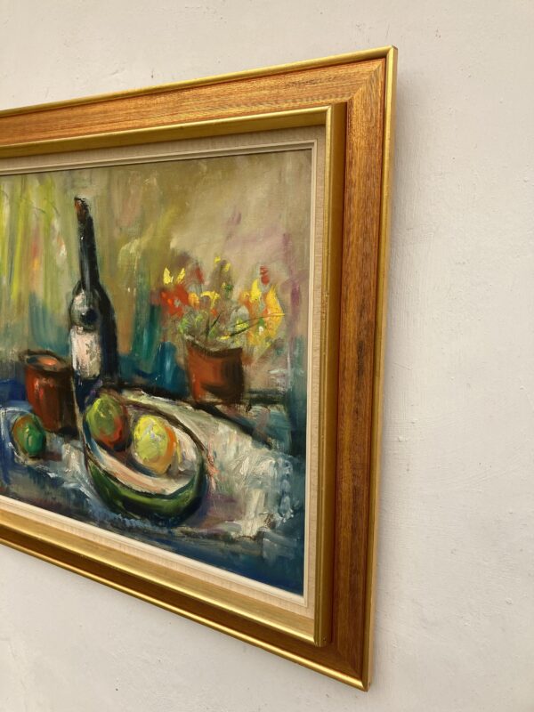 Original oil painting, Large still life fruit wine bottle flowers, Expressionist, Scandinavian kitchen decor