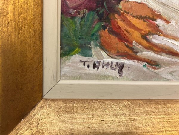 Vintage Impressionist Oil Painting: Golden Pitcher Still Life, Original Framed Swedish Art