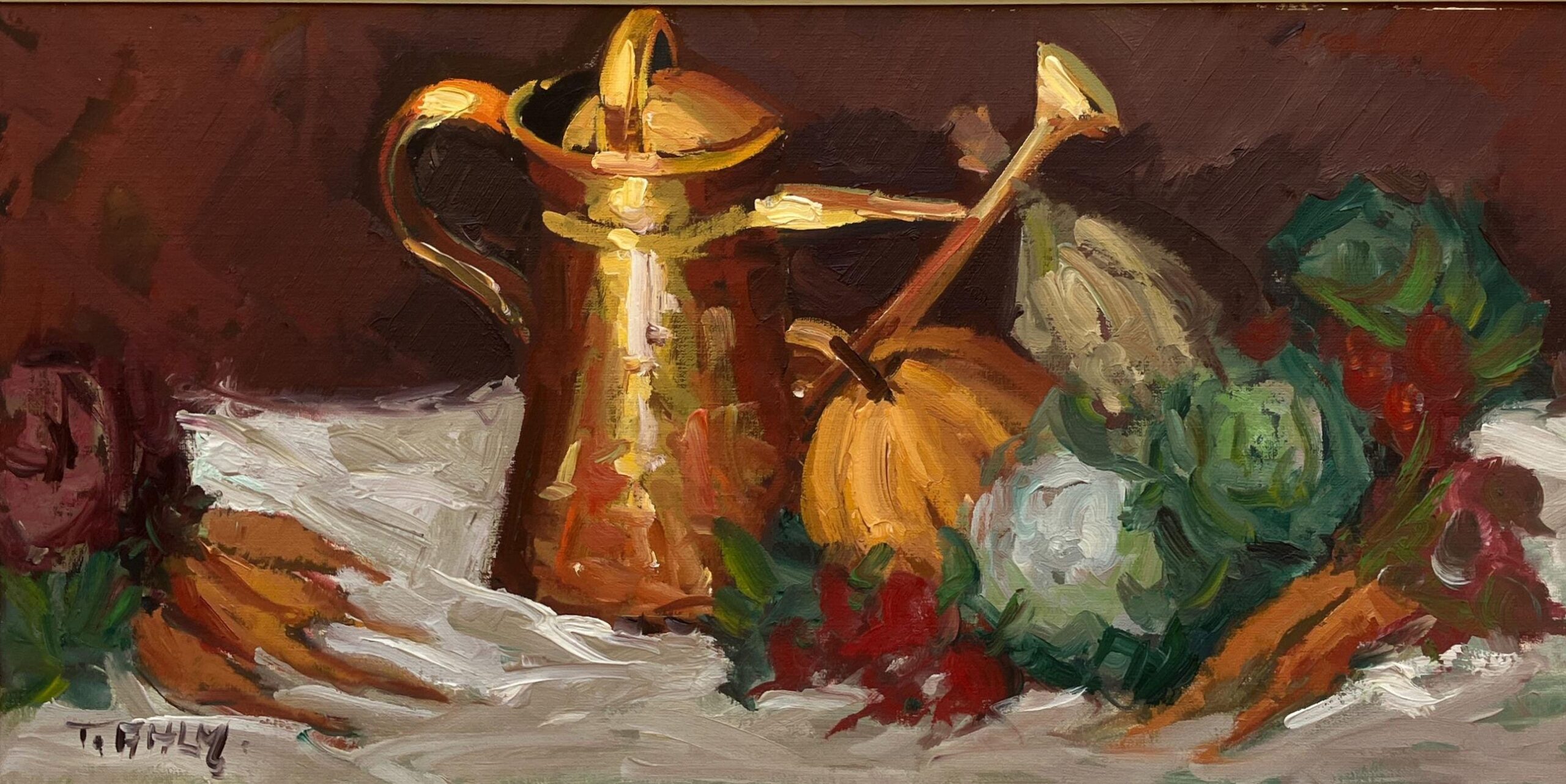 Vintage Impressionist Oil Painting: Golden Pitcher Still Life, Original Framed Swedish Art - Image 4