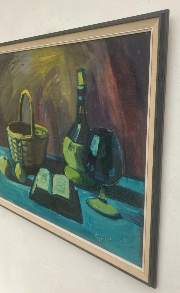 Vintage Expressionist Oil Painting: Danish Still Life with Basket, 1964