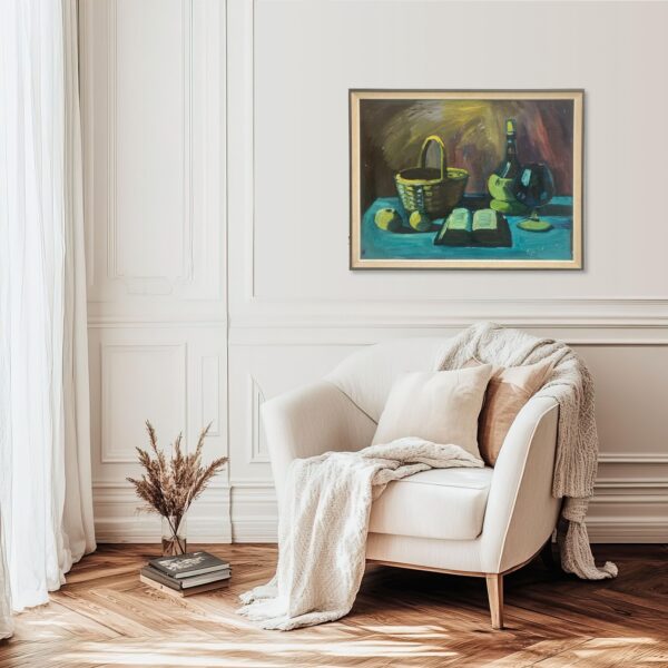 Vintage Expressionist Oil Painting: Danish Still Life with Basket, 1964